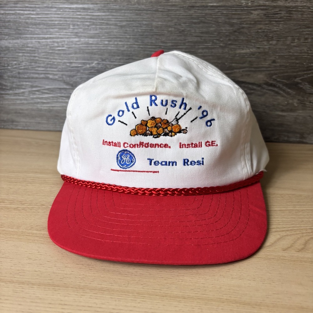 Vintage GE Gold Rush 96 Hat Cap Snap Back White Red Embroidered Promo Mens 90s